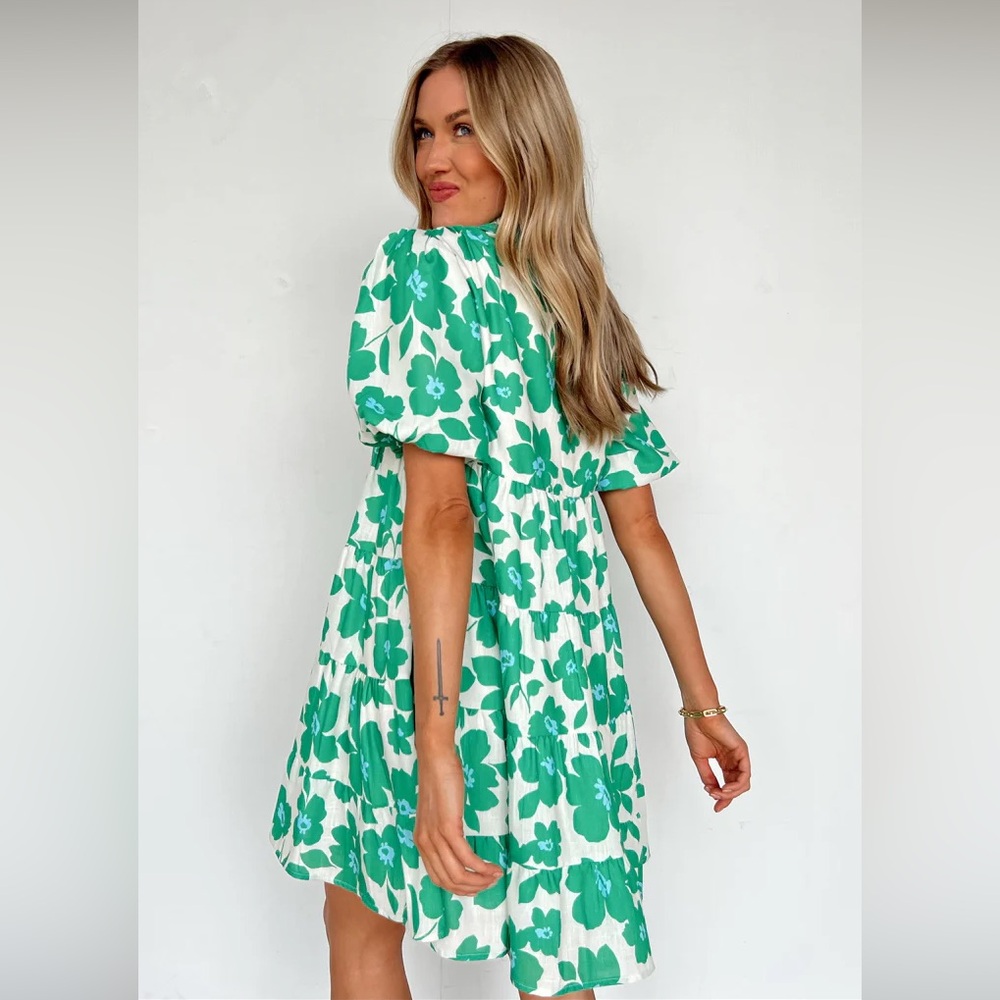 Vestique Blue & Green Floral Print Collared Dress (M)